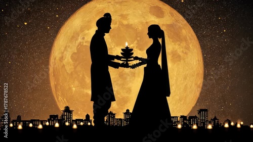 Romantic Silhouette of a Couple Celebrating Under a Full Moon