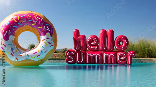 Colorful Summer Pool Scene with Inflatable Donut and Greeting