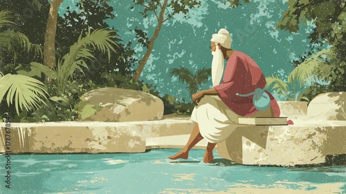 Serene Scholar Reading by Tranquil Water in Lush Jungle Setting