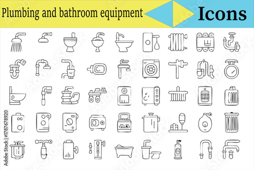 Plumbing and bathroom line icons collection for home and renovation vector design
