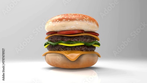 animation of appetizing hamburger rotating on white background. lettuce,