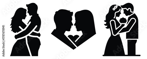couple moment silhouette Valentine icon set,Black color simple Vector icons