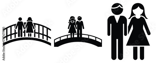 couple on bridge silhouette Valentine icon set,Black color simple Vector icons