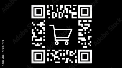 Modern black and white QR code featuring a shopping cart, symbolizing mobile commerce, digital marketing, and convenient online shopping.