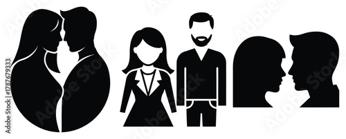 couple portrait silhouette Valentine icon set,Black color simple Vector icons
