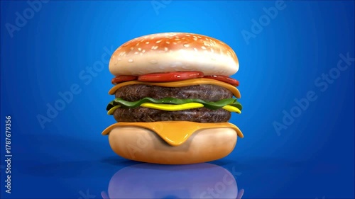 close-up view animation Juicy beef burger with cutlet, lettuce and sauce