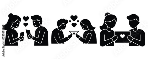 couple reading love silhouette Valentine icon set,Black color simple Vector icons