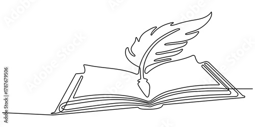 One Line Drawing of Open Book with Feather Quill Banner Frame