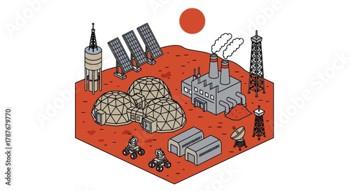 Isometric illustration of a mars colony with domes and rovers editable vector file