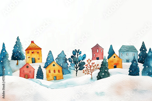 Colorful watercolor illustration of winter village with snow-covered houses and evergreen trees