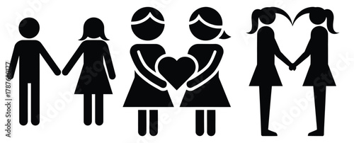 couple silhouette holding silhouette Valentine icon set,Black color simple Vector icons