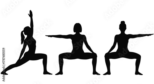 Silhouettes of women performing yoga poses on a white background editable vector file