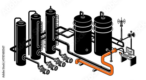 Isometric illustration of industrial plant with tanks and pipes editable vector file