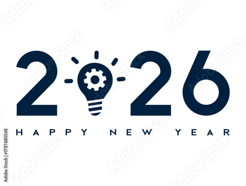Happy new year 2026 banner with light bulb symbol of innovation, planning, business ideas, progress,  bright future, vision growth. Clean vector illustration for goals, tech startup for card, poster