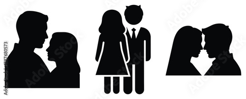 couple silhouette together silhouette Valentine icon set,Black color simple Vector icons