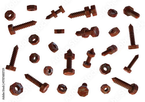 Some red rusty screws and nuts isolated vector objects created by 3D modeling.