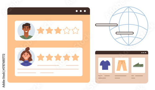 User profiles with star ratings, product categories, and a globe symbolizing online connectivity. Ideal for e-commerce, product feedback, global reach, digital marketing, consumer resources, online