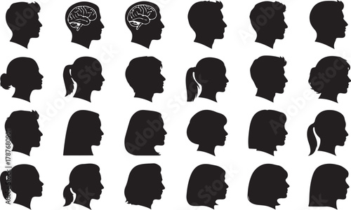 Diverse Human Profile Silhouette Grid with Brain Concepts