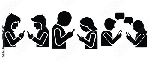 couple texting silhouette Valentine icon set,Black color simple Vector icons
