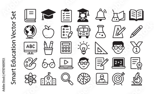 Smart Education and E-learning Outline Vector Icons Set. School and Study Line Symbols.