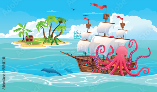 Deck on a pirate ship with cannons, pirate flagship with a kraken. Hand drawing game background. Vector. Cartoon style illustration.