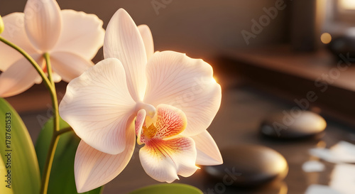 Tranquil close-up of a delicate pink phalaenopsis orchid with water droplets, reflecting soft light in a spa or wellness setting.