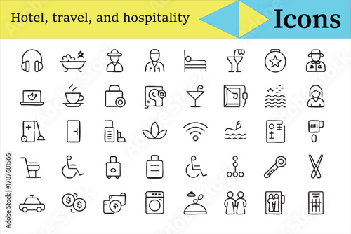 minimalist black and white line art vector illustration of accommodation, service, tourism, and vacation symbols for web, app, and booking design use