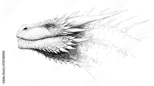 Detailed fantasy dragon head sketch illustration. Mythical creature profile drawing with scales, horns, and sharp features in monochrome.