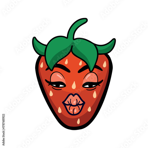 Flirty strawberry. Strawberry with a kissing face on a white background, cartoon flat style. Funny mascot characters.