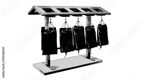 Scientific testing apparatus with hanging rectangular samples, an illustration of industrial material property measurement device