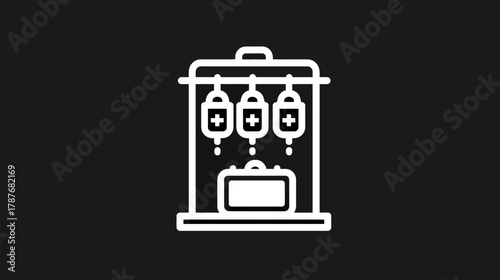 Medical IV Drip Stand with Multiple Infusion Bags and First Aid Kit Icon. Healthcare Treatment and Emergency Concept.