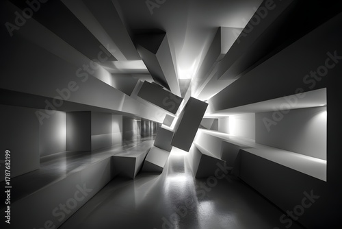 Futuristischer Raum mit geometrischen Strukturen und leuchtender Lichtarchitektur
