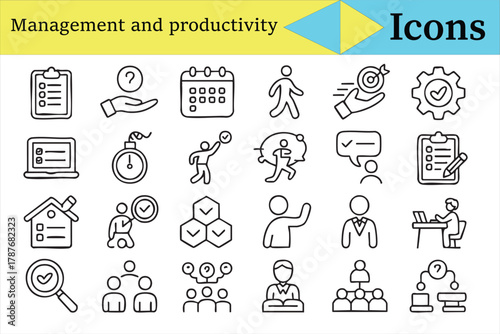 Management and productivity line icons collection for business and teamwork design