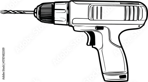 Cordless electric drill with a drill bit, black and white line art illustration. Power tool for DIY, construction, and home improvement projects.