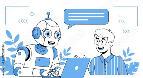 Cartoon illustration of robot and man with laptop and speech bubble editable vector file