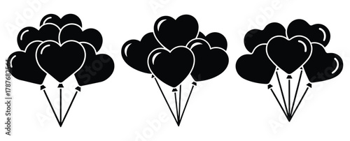 heart balloon bunch silhouette Valentine icon set,Black color simple Vector icons