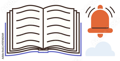 Open book with alarm bell and cloud icon representing learning, reminders, digital storage, education, communication, security, and system notifications. Ideal for simple flat metaphor