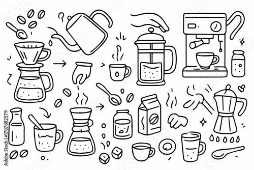 Hand-drawn doodle vector collection illustrating coffee brewing steps — including pour-over, espresso, and French press methods — created in a fun, sketchy doodle style, isolated on white background
