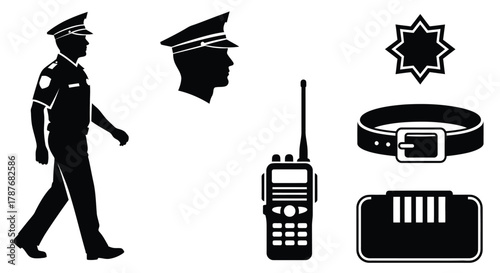 Silhouette illustration of a police officer and equipment set editable vector file