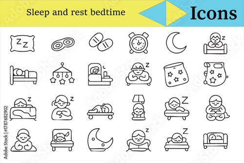Bedtime and baby sleep icons