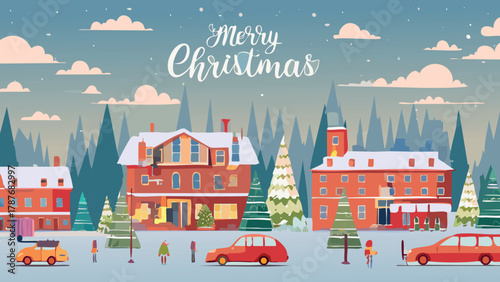 Christmas winter town street with falling snow