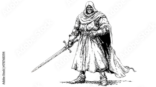 Mysterious hooded warrior holding a long sword, black and white ink drawing in a fantasy medieval style