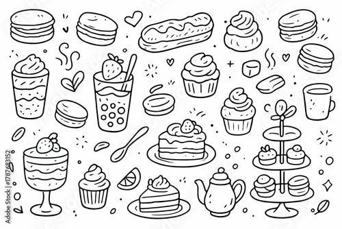 Hand-drawn doodle vector collection of macarons and fancy desserts, created in a fun, playful, sketchy doodle style, isolated on white background
