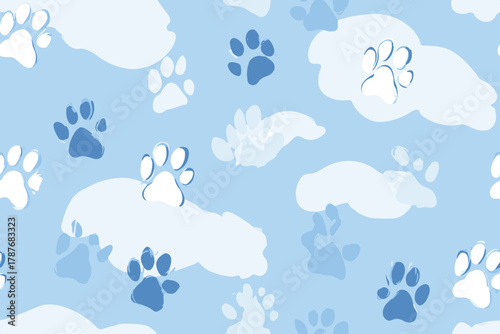 Cute dog foot trace, paw prints on colourful seamless pattern with light blue Sky and white cloud on background, Seamless pattern for fabric, textiles, clothing, illustration, abstract background