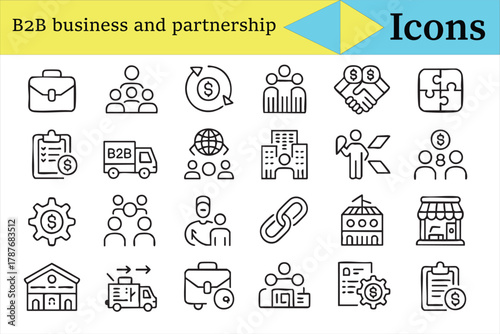 B2B business and partnership line icons collection for corporate and marketing design
