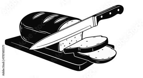 Freshly baked loaf of bread being sliced on a dark cutting board with a sharp knife