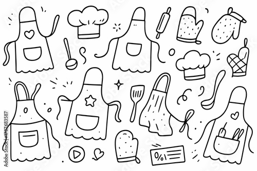 Hand-drawn doodle vector collection of aprons, chef hats, and mittens, drawn in a fun, sketchy doodle style, isolated on white background
