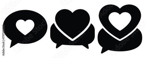heart chat icon silhouette Valentine icon set,Black color simple Vector icons