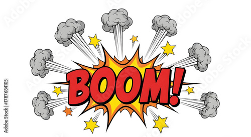 Cartoon explosion with the word boom in red and yellow colors with transparent background