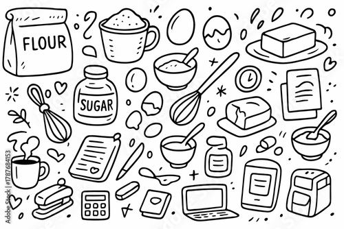 Hand-drawn doodle vector collection of baking ingredients, illustrated in a fun, playful, sketchy doodle style, isolated on white background
